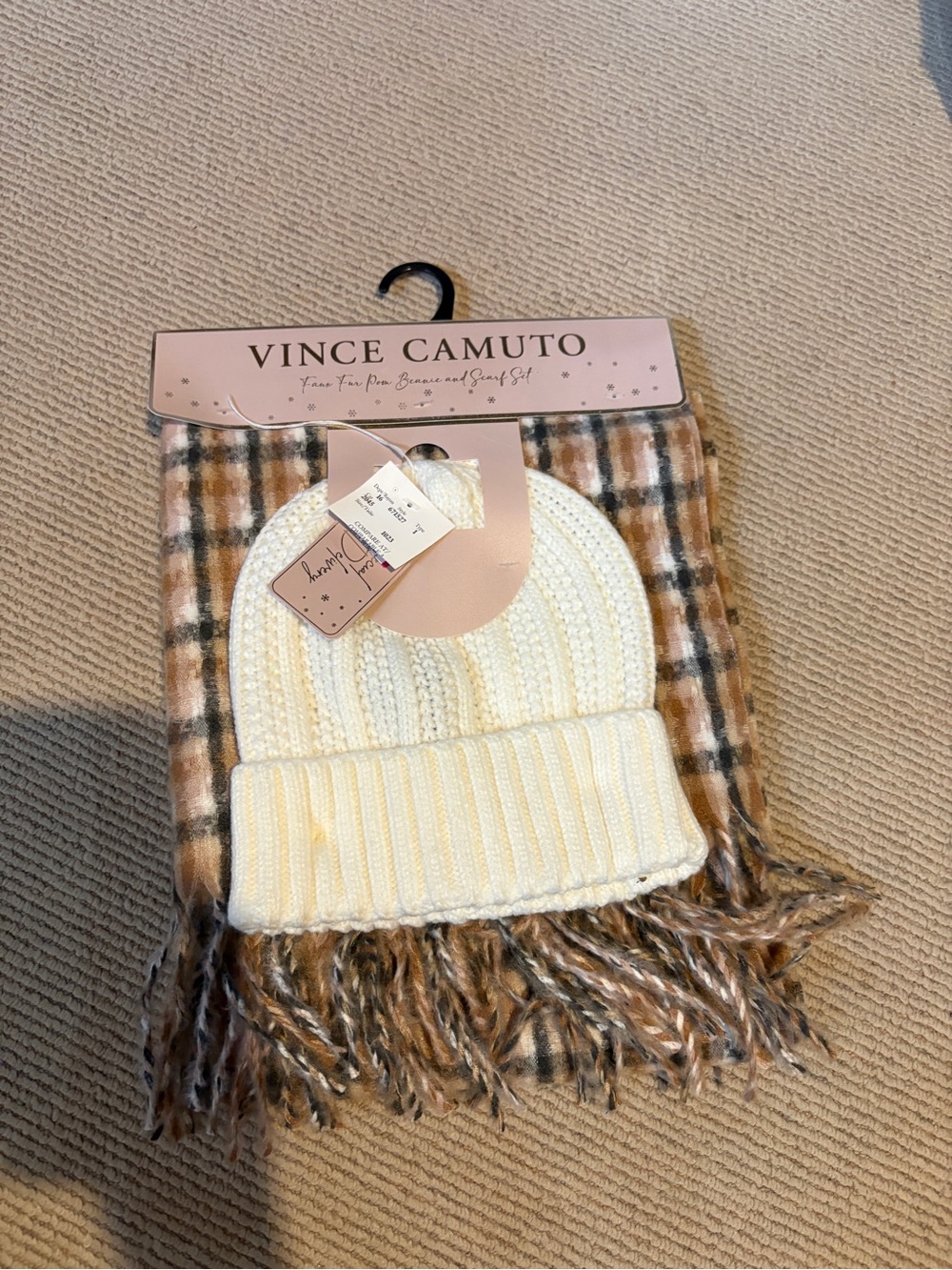 Vince Camuto Cream Knit Beanie with Neutral Plaid Fringe Scarf